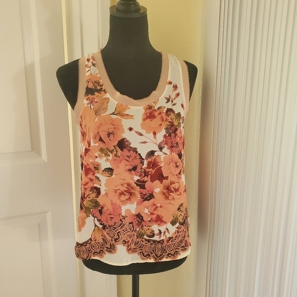 Bjewel Women's Sleeveless Floral Blouse Top Spring Peach Rose Cream - Picture 1 of 7